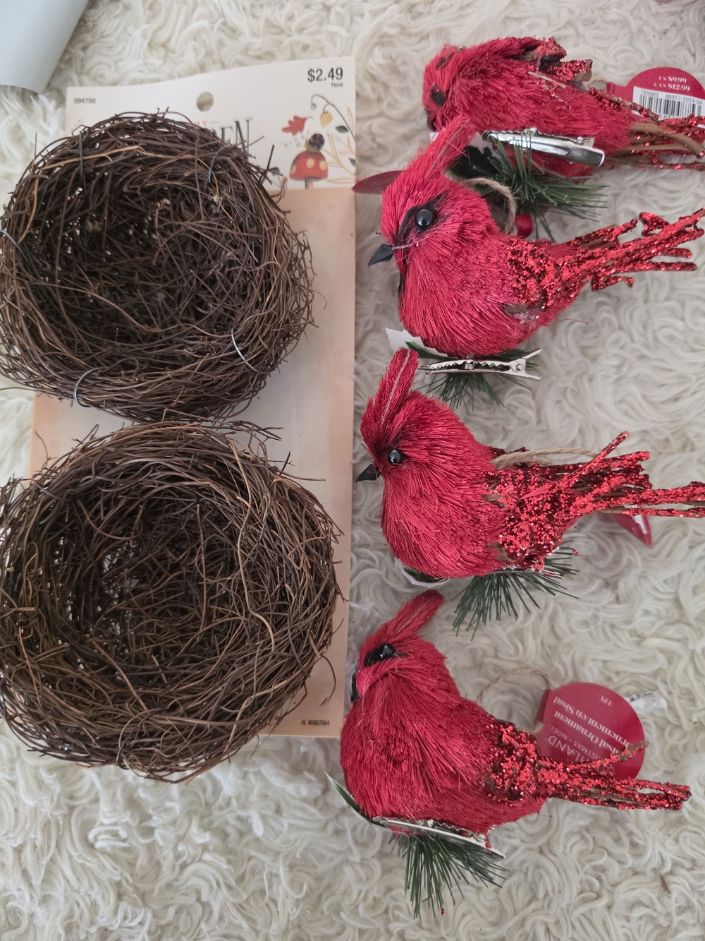 Red Decorative Clip-On Cardinal Birds (Set of 4) with Brown Nest Accents